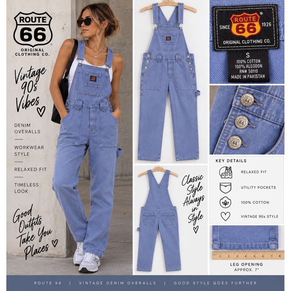 Vintage 90s Y2K Route 66 Blue Denim Jean Overalls 100% Cotton Size Small